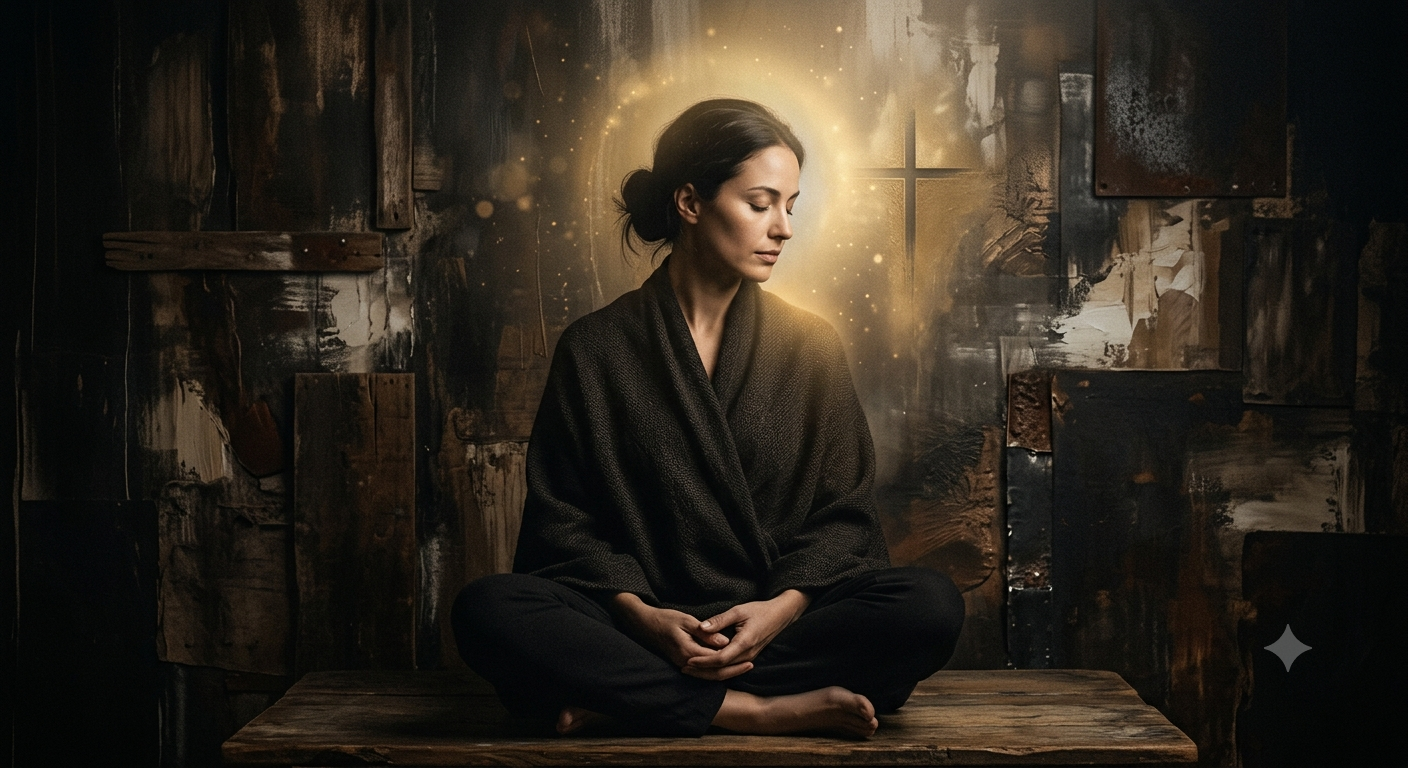 Mulher em pose de meditação com halo dourado na cabeça e cruz sutil ao fundo, simbolizando saúde mental na perspectiva cristã.