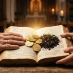 Representação visual da fidelidade e mordomia cristã, com elementos que simbolizam a administração de recursos financeiros e espirituais sob a luz da fé. A imagem destaca a conexão da fé cristã com as finanças e a ética.