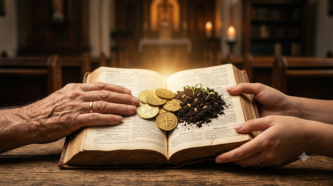 Representação visual da fidelidade e mordomia cristã, com elementos que simbolizam a administração de recursos financeiros e espirituais sob a luz da fé. A imagem destaca a conexão da fé cristã com as finanças e a ética.