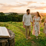 Uma família (pai, mãe e filhos) de mãos dadas, caminhando em um campo ensolarado, com uma Bíblia aberta em primeiro plano, simbolizando a união, a alegria e a centralidade da fé na vida familiar cristã.