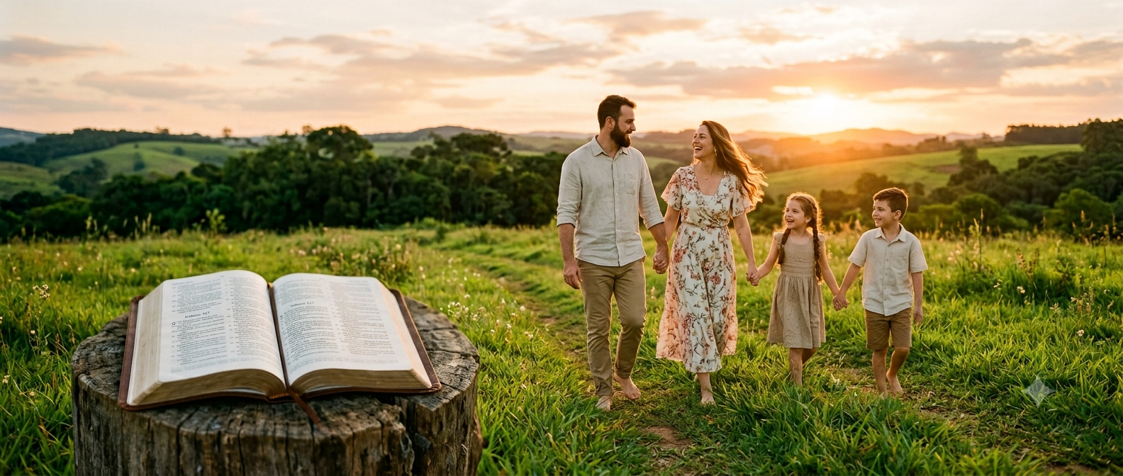 Uma família (pai, mãe e filhos) de mãos dadas, caminhando em um campo ensolarado, com uma Bíblia aberta em primeiro plano, simbolizando a união, a alegria e a centralidade da fé na vida familiar cristã.