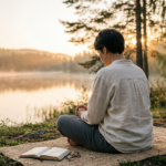Homem em meditação ou oração, sentado em uma rocha com uma Bíblia aberta, contemplando uma cachoeira e o pôr do sol em um vale exuberante.