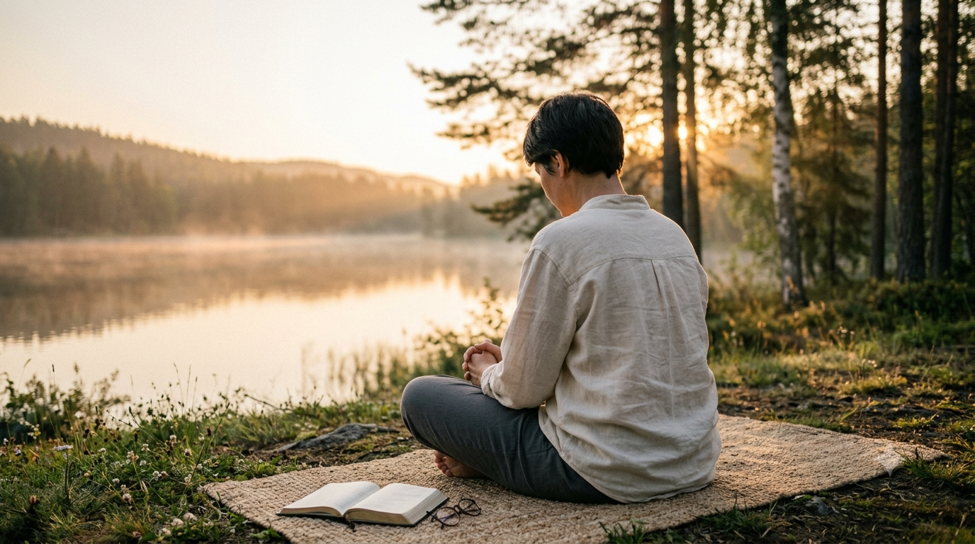 Homem em meditação ou oração, sentado em uma rocha com uma Bíblia aberta, contemplando uma cachoeira e o pôr do sol em um vale exuberante.