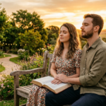Um casal jovem e cristão, de mãos dadas, caminhando em um caminho iluminado por um pôr do sol suave, com uma Bíblia aberta em primeiro plano, simbolizando a orientação divina e a busca por um relacionamento pautado na fé.