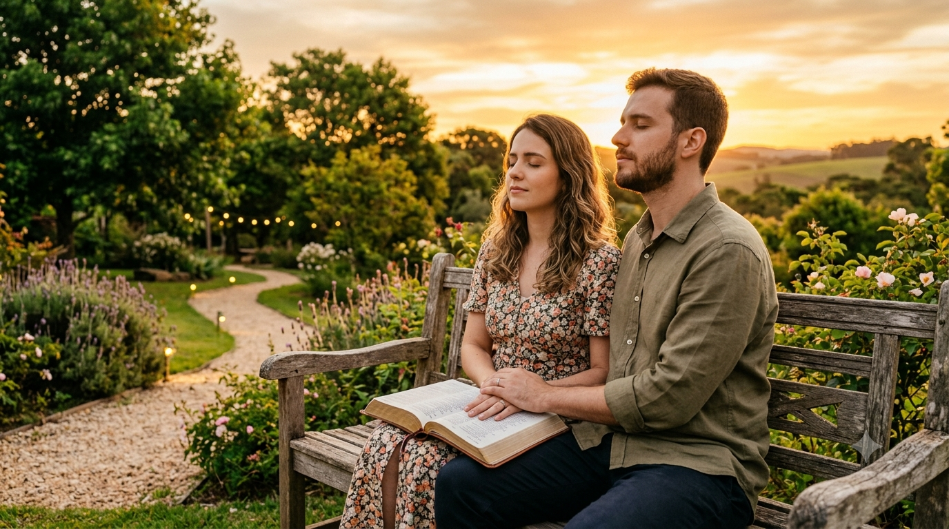 Um casal jovem e cristão, de mãos dadas, caminhando em um caminho iluminado por um pôr do sol suave, com uma Bíblia aberta em primeiro plano, simbolizando a orientação divina e a busca por um relacionamento pautado na fé.