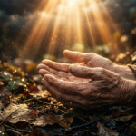 Mãos em um toque divino e humano, com luz dourada emanando da mão celestial sobre uma paisagem árida. Imagem extremamente realista e cinematográfica em 8K, com foco nítido na interação e contraste dramático de cores quentes e escuras.
