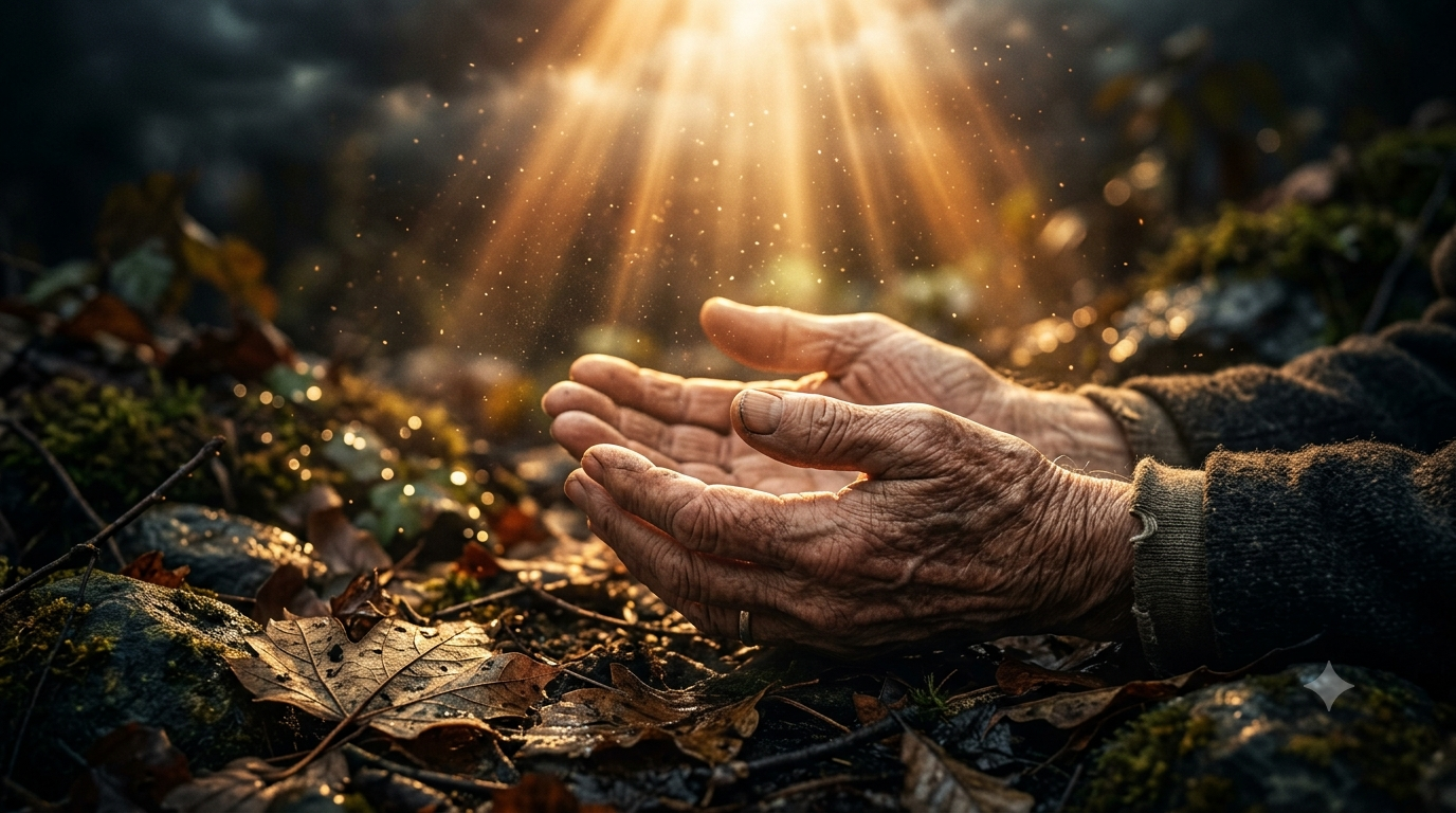 Mãos em um toque divino e humano, com luz dourada emanando da mão celestial sobre uma paisagem árida. Imagem extremamente realista e cinematográfica em 8K, com foco nítido na interação e contraste dramático de cores quentes e escuras.