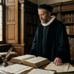Retrato histórico realista de Jacob Arminius em uma sala de estudos neerlandesa, diante de uma Bíblia aberta e manuscritos teológicos sobre sua reflexão acerca da graça e da predestinação.