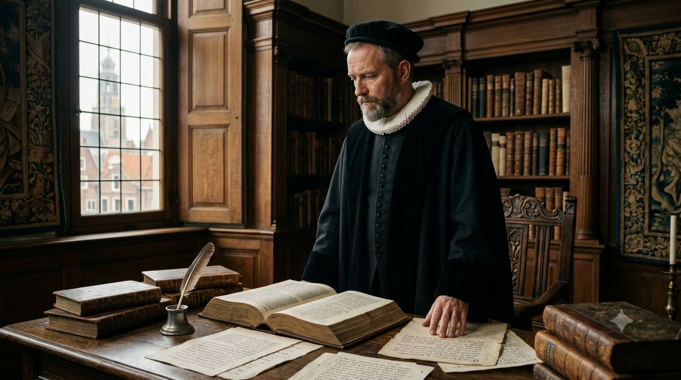 Retrato histórico realista de Jacob Arminius em uma sala de estudos neerlandesa, diante de uma Bíblia aberta e manuscritos teológicos sobre sua reflexão acerca da graça e da predestinação.