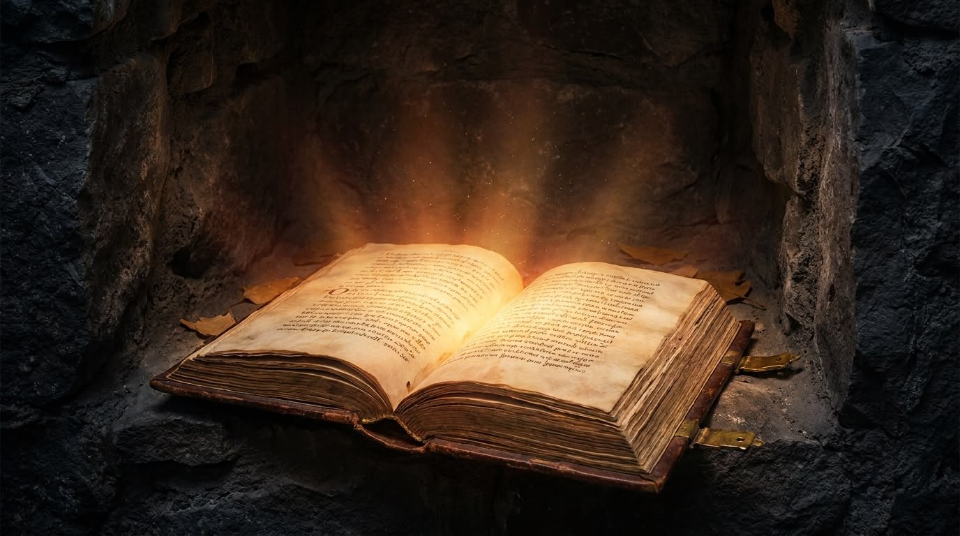 Livro antigo aberto com luz dourada/âmbar emanando de suas páginas, iluminando um fundo escuro que se clareia, simbolizando santidade e pureza divinas.