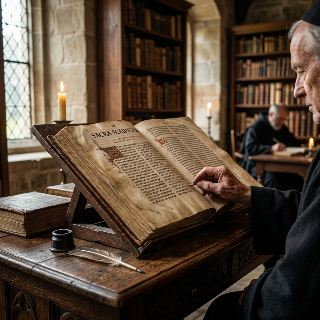 Imagem de livros antigos e manuscritos em pergaminho, iluminados por uma luz suave, simbolizando a inerrância e a verdade da Bíblia.