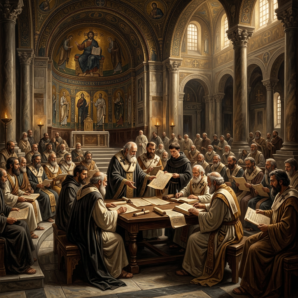 Como funcionavam os concílios ecumênicos na Igreja antiga, com bispos reunidos para debater questões de fé