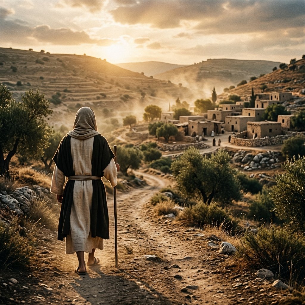 Jesus caminhando de costas por uma estrada da Galileia ao amanhecer, sem o rosto visível, em uma representação cinematográfica do contexto bíblico.