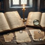 Manuscritos gregos antigos do Novo Testamento lado a lado sobre uma mesa, com anotações e uma lupa, representando o estudo das variantes textuais e da transmissão do texto bíblico.