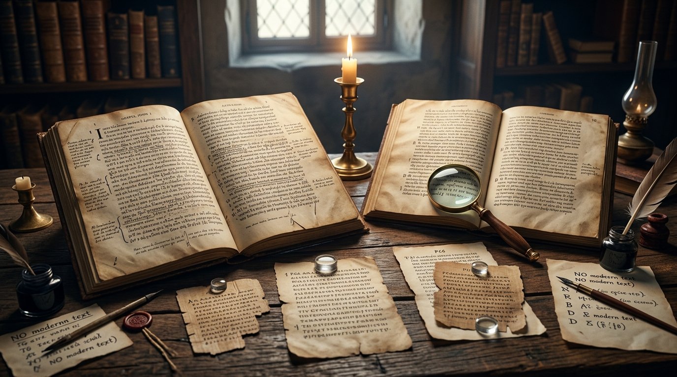 Manuscritos gregos antigos do Novo Testamento lado a lado sobre uma mesa, com anotações e uma lupa, representando o estudo das variantes textuais e da transmissão do texto bíblico.