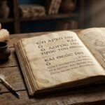 Manuscrito grego antigo aberto sobre uma mesa de madeira, com a palavra λόγος destacada no texto, representando o significado de logos no Evangelho de João.