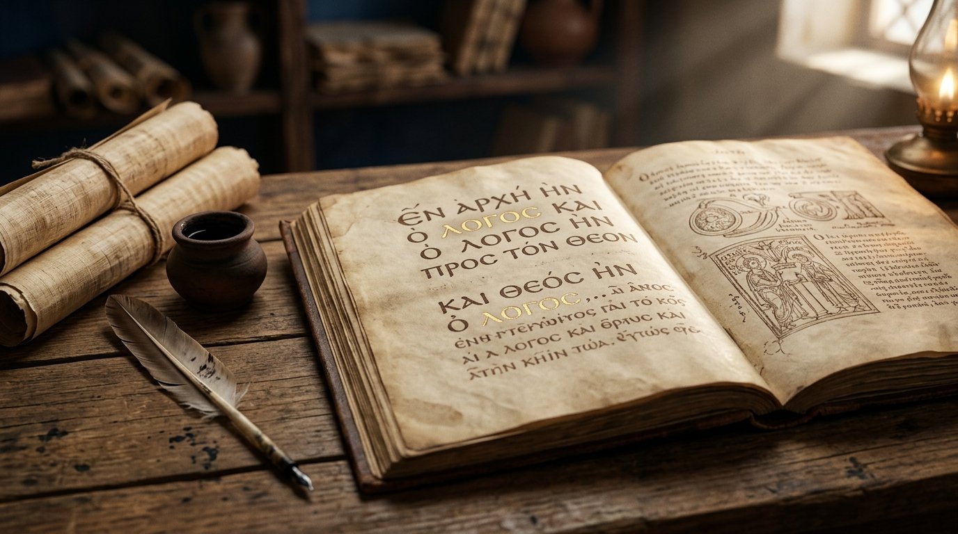 Manuscrito grego antigo aberto sobre uma mesa de madeira, com a palavra λόγος destacada no texto, representando o significado de logos no Evangelho de João.