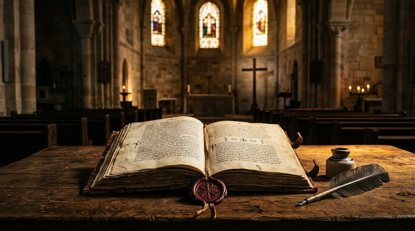 Manuscrito cristão antigo iluminado sobre uma mesa, representando a história e a formulação dos credos cristãos.