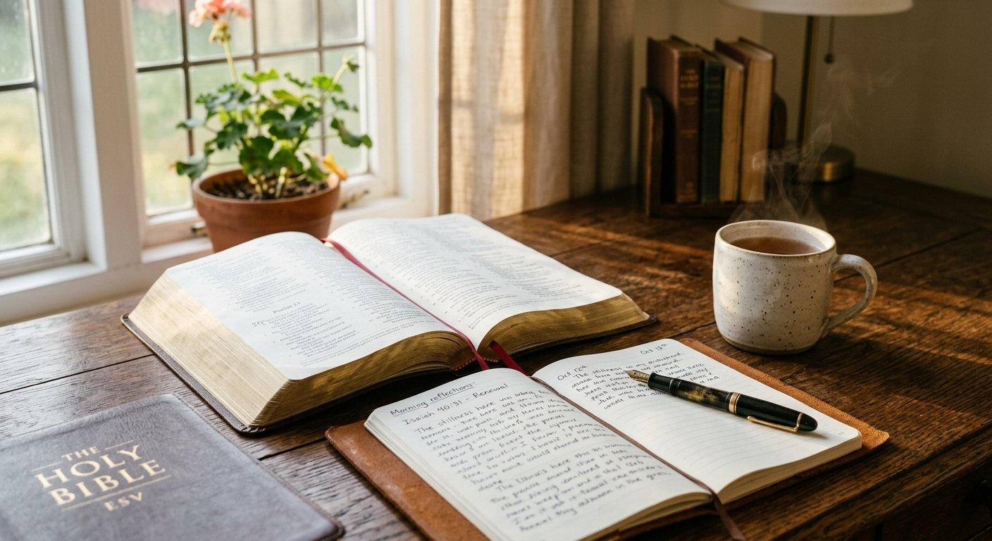 Plano de estudo bíblico pessoal com Bíblia aberta, caderno de anotações e café