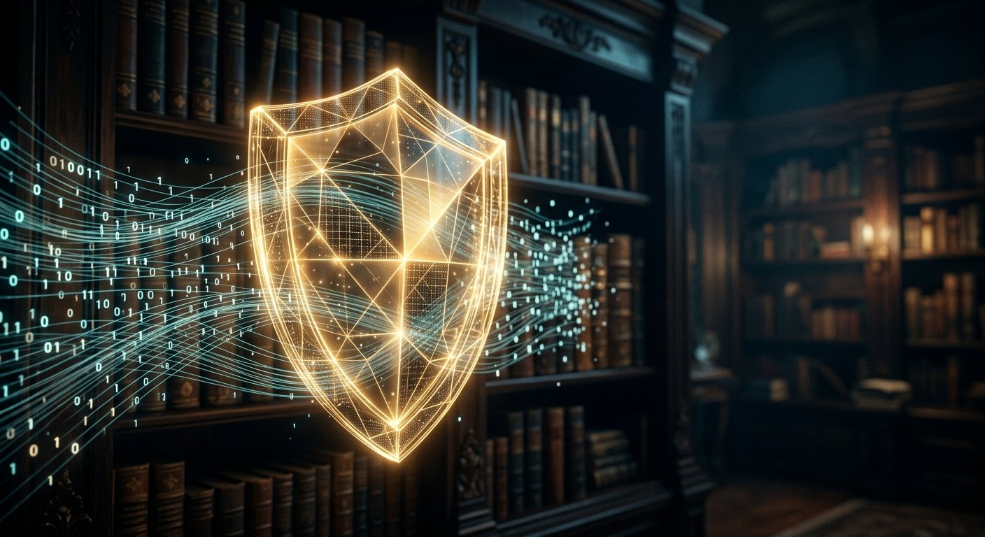 Escudo digital luminoso e linhas de código binário a fluir diante de estantes de livros numa biblioteca