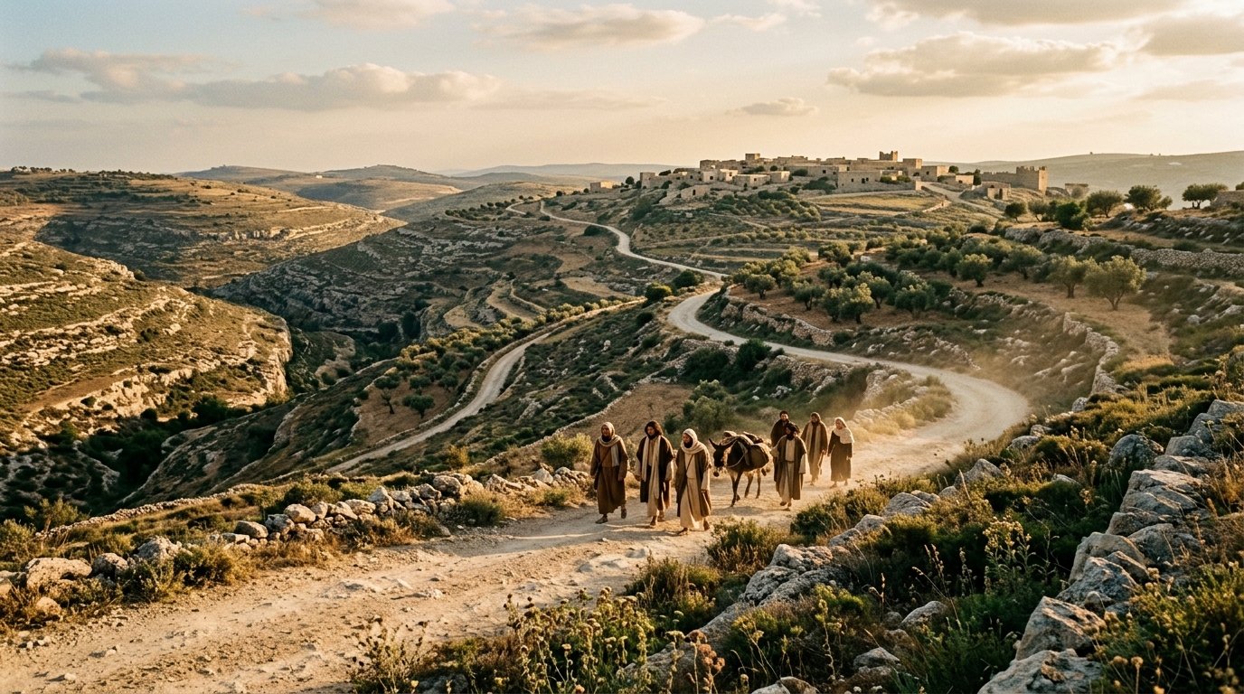 Caminho antigo na paisagem da Judeia, relacionado à geografia dos Evangelhos.