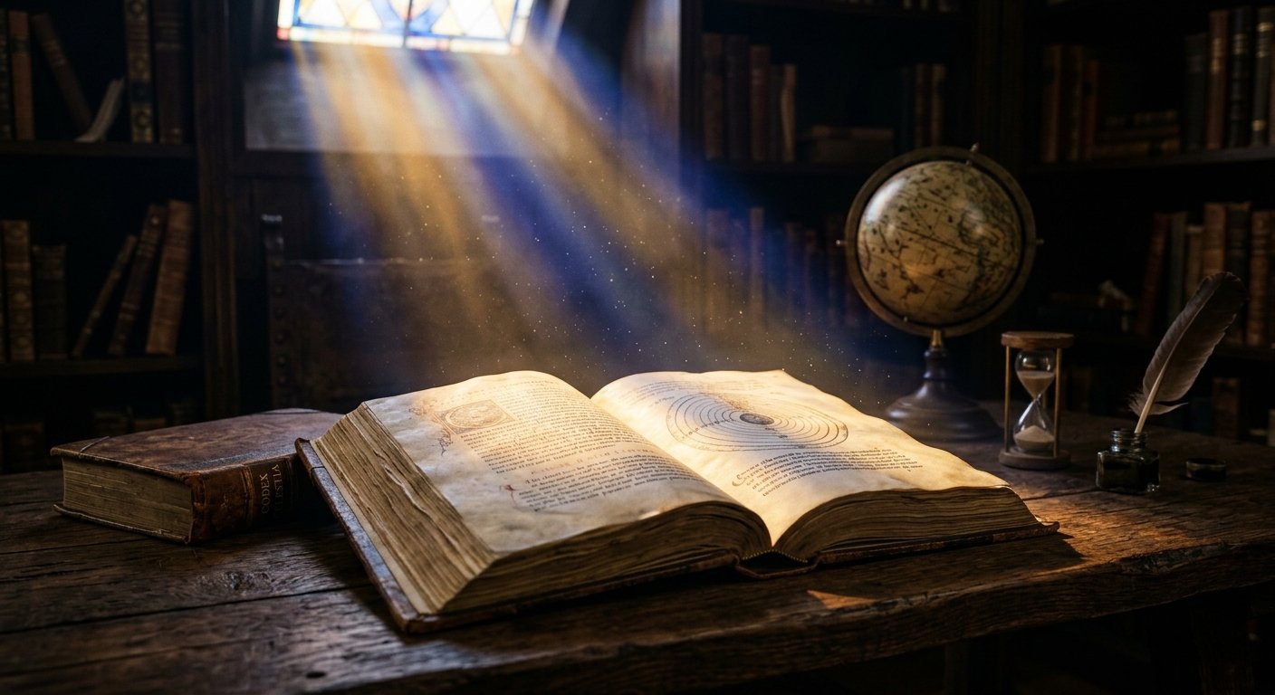 Livro antigo aberto iluminado por feixes de luz sobre uma mesa de madeira, ao lado de um globo, ampulheta e pena