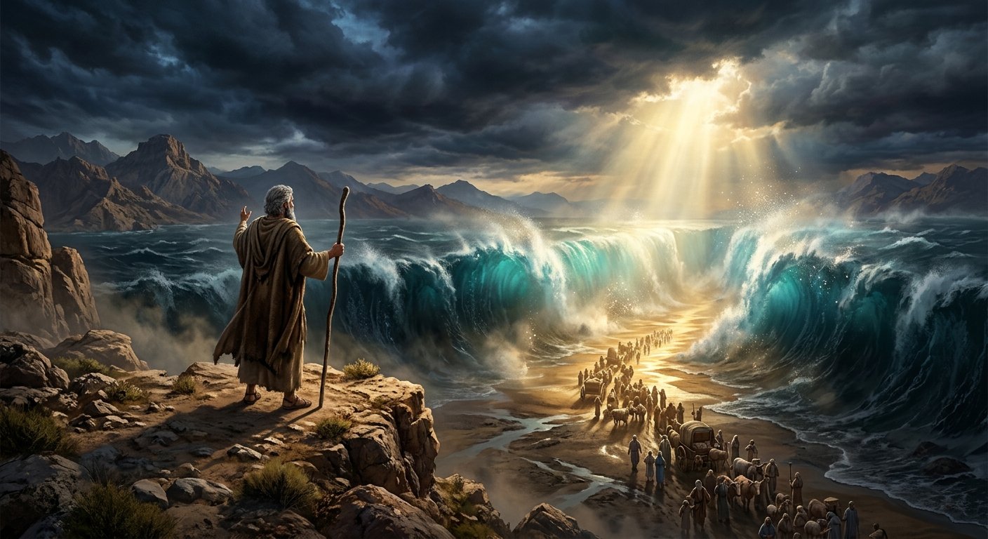 Milagres no Antigo Testamento: Moisés diante do mar aberto enquanto os israelitas atravessam.