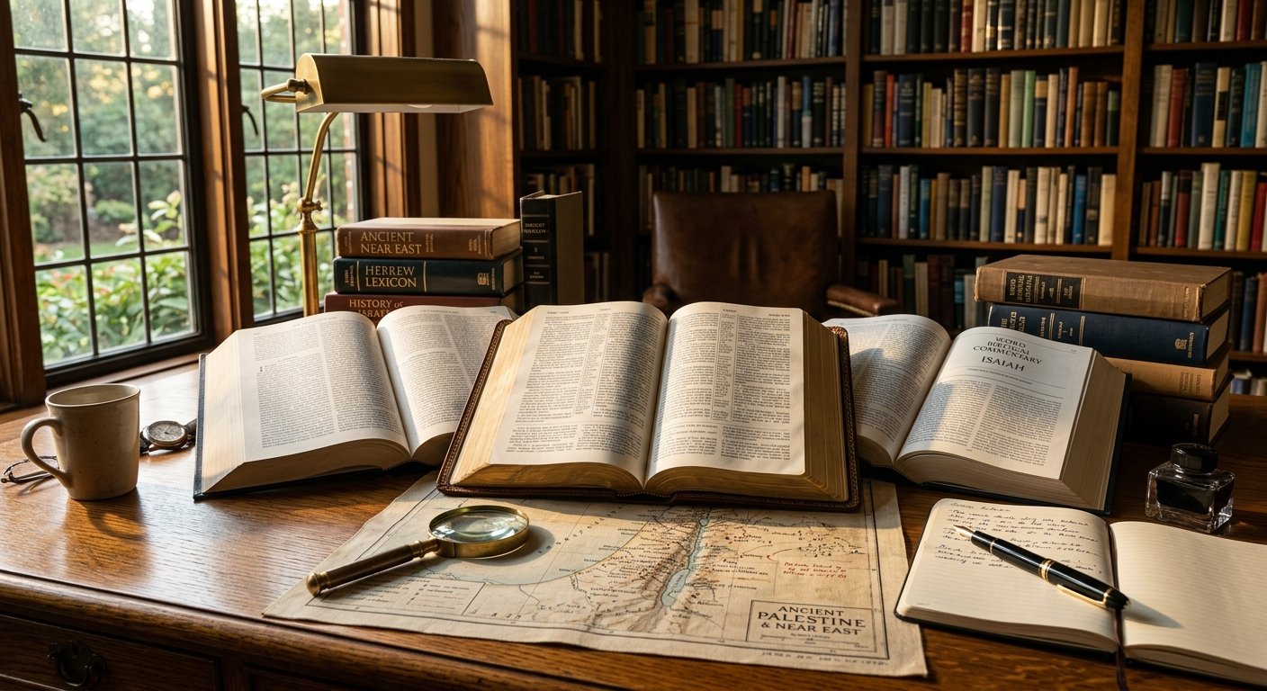 Bíblia aberta ao lado de um comentário bíblico e de um caderno de anotações sobre uma mesa de estudo.