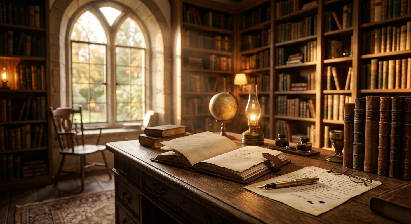 Secretária de madeira numa biblioteca antiga com livro aberto, caneta, candeeiro a óleo e estantes ao fundo