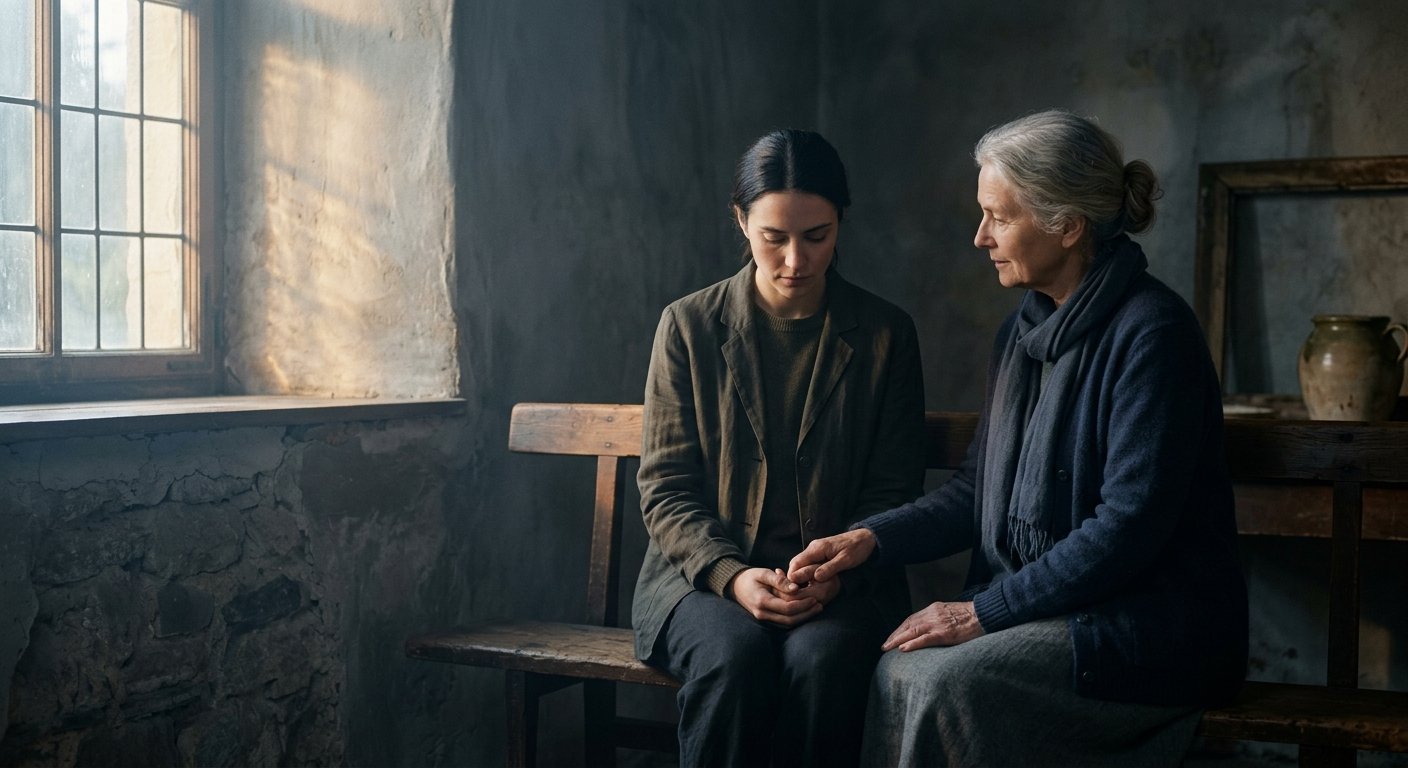 An editorial fine-art photograph depicting quiet emotional support and soft hope. In a dimly lit, minimalist interior with textured plaster walls, one person sits on a simple wooden bench, immersed in quiet reflection. Beside them, a compassionate companion sits in empathetic silence, offering a gentle, reassuring presence. Soft, warm morning sunlight streams through a large tall window, cutting through cool, misty shadows and casting a gentle golden glow across the scene. The color palette harmonizes cool moody blues in the shadows with tender, warm amber highlights. Rich atmosphere, shallow depth of field, cinematic lighting, emotionally resonant, dignified, and peaceful tone.