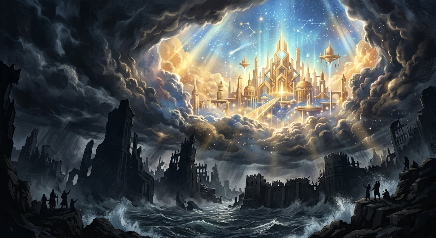 Cidade celestial dourada e brilhante no céu, em contraste com ruínas escuras e um mar agitado em baixo