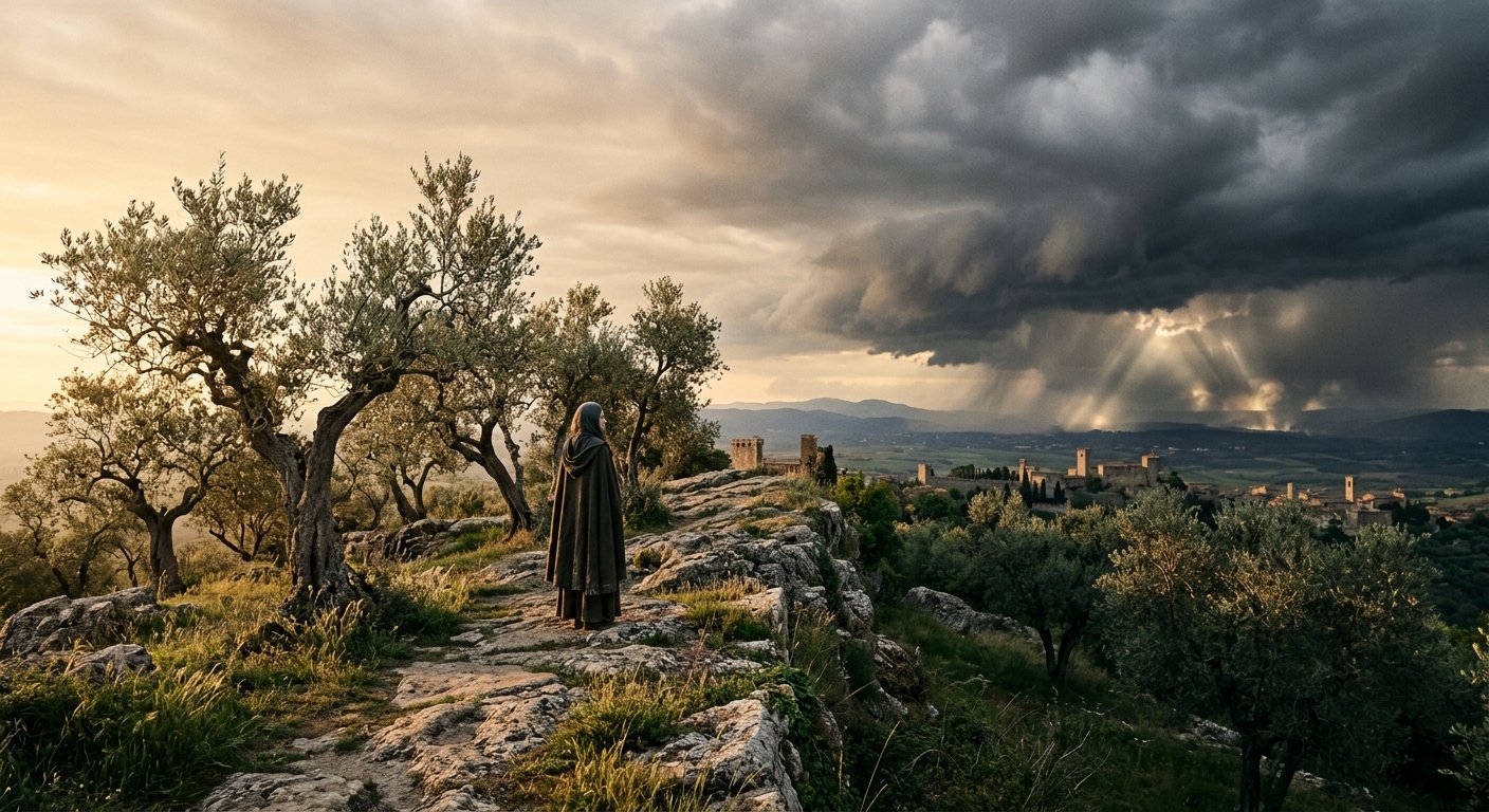 Figura com capa e capuz numa colina com oliveiras, a observar uma cidade medieval ao longe sob um céu tempestuoso