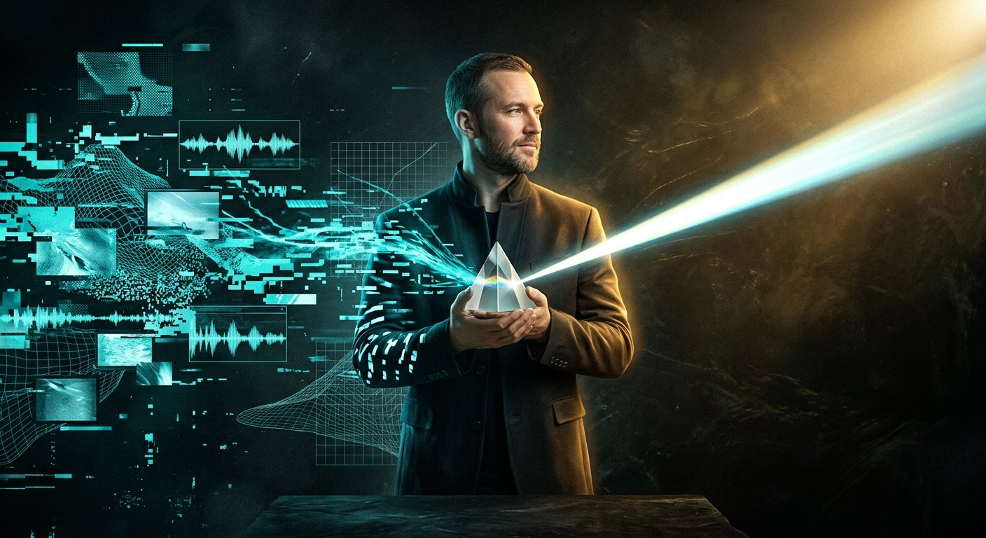 Homem a segurar um prisma de vidro que transforma um feixe de luz num fluxo de dados digitais, ecrãs e ondas sonoras