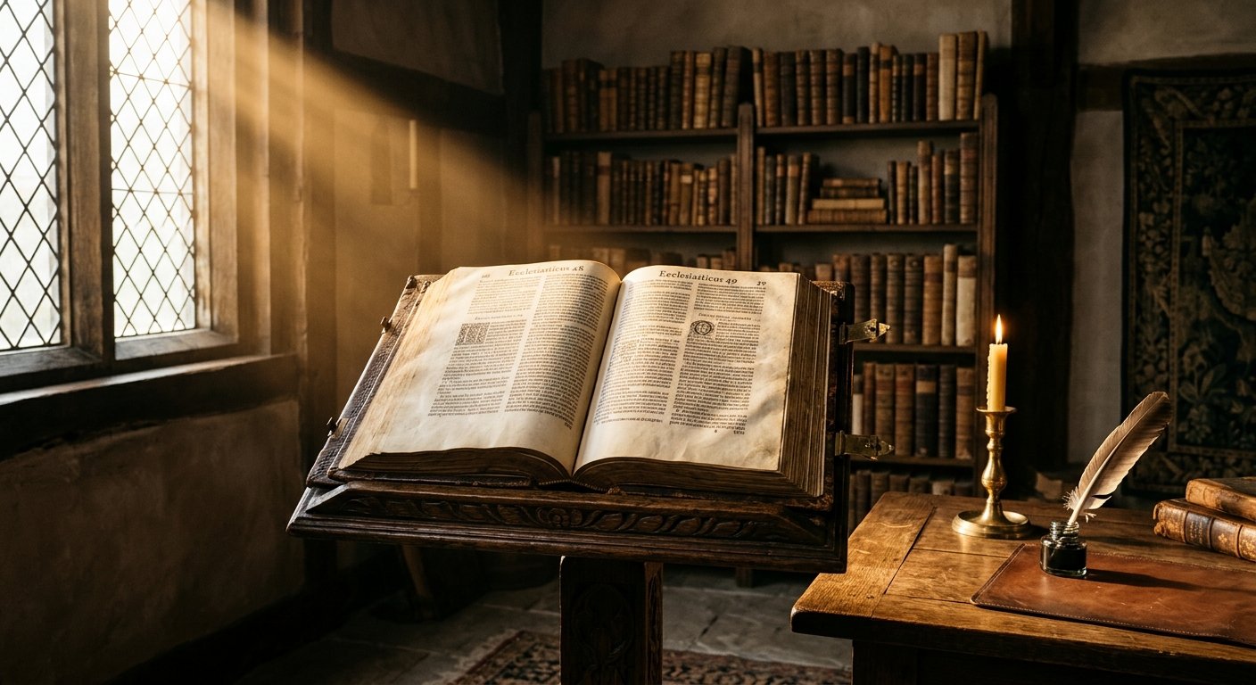 Livro antigo aberto num atril iluminado pela luz solar numa biblioteca com estantes, vela acesa e pena de escrever