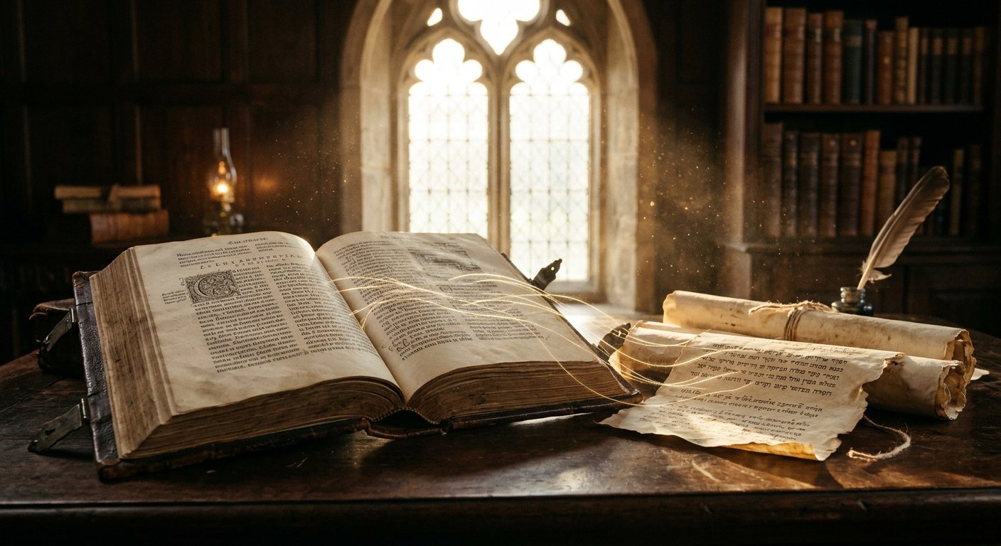 Livro antigo aberto numa mesa, com feixes de luz dourada a fluir das páginas para pergaminhos e uma pena de escrever