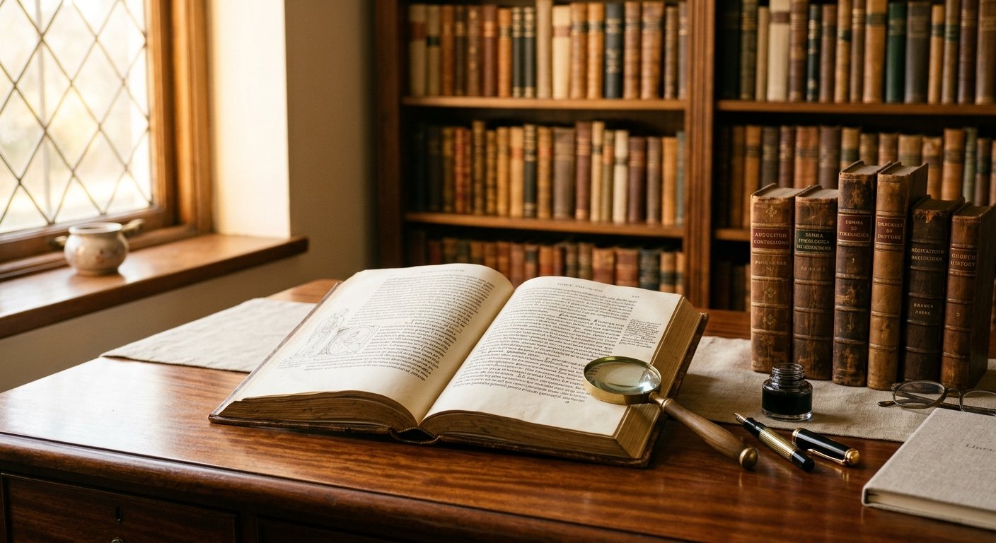 Livro antigo aberto numa secretária de madeira com lupa, caneta e tinteiro, numa biblioteca com estantes ao fundo