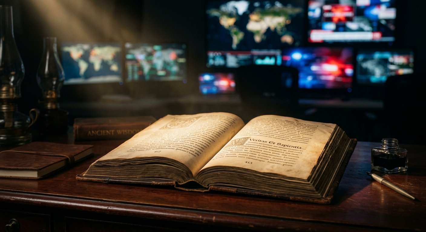 Livro antigo aberto numa secretária, sob luz suave, com monitores digitais de dados globais ao fundo
