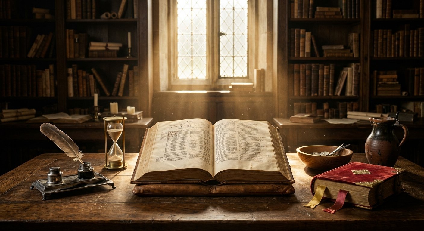 Livro antigo aberto sobre mesa de madeira, acompanhado por pena, tinteiro e ampulheta, numa biblioteca iluminada pela janela