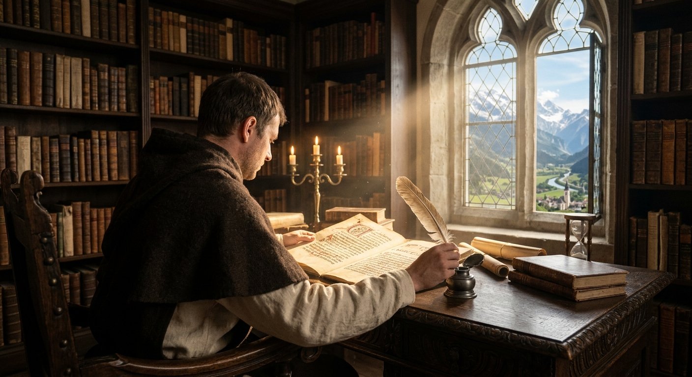 Monge a escrever num manuscrito com uma pena numa biblioteca antiga, junto a uma janela com vista para montanhas