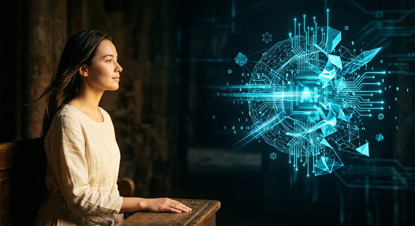 Mulher sentada a olhar para uma projeção holográfica de inteligência artificial com a sigla AI