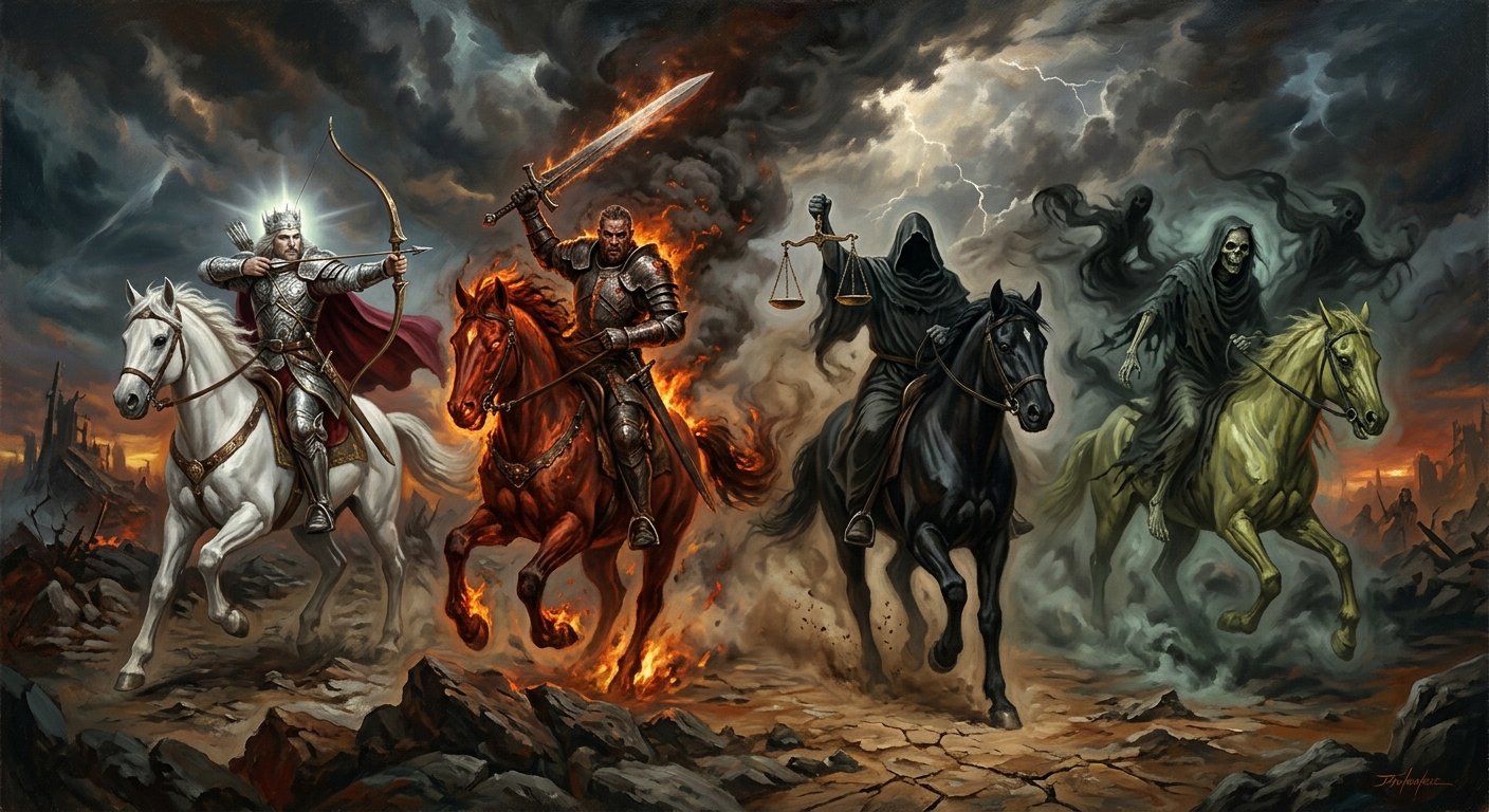 Os quatro cavaleiros do Apocalipse representando conquista, guerra, fome e morte.