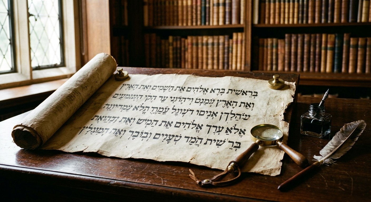 Pergaminho antigo com texto em hebraico sobre uma mesa, junto a uma lupa, pena e tinteiro, numa biblioteca