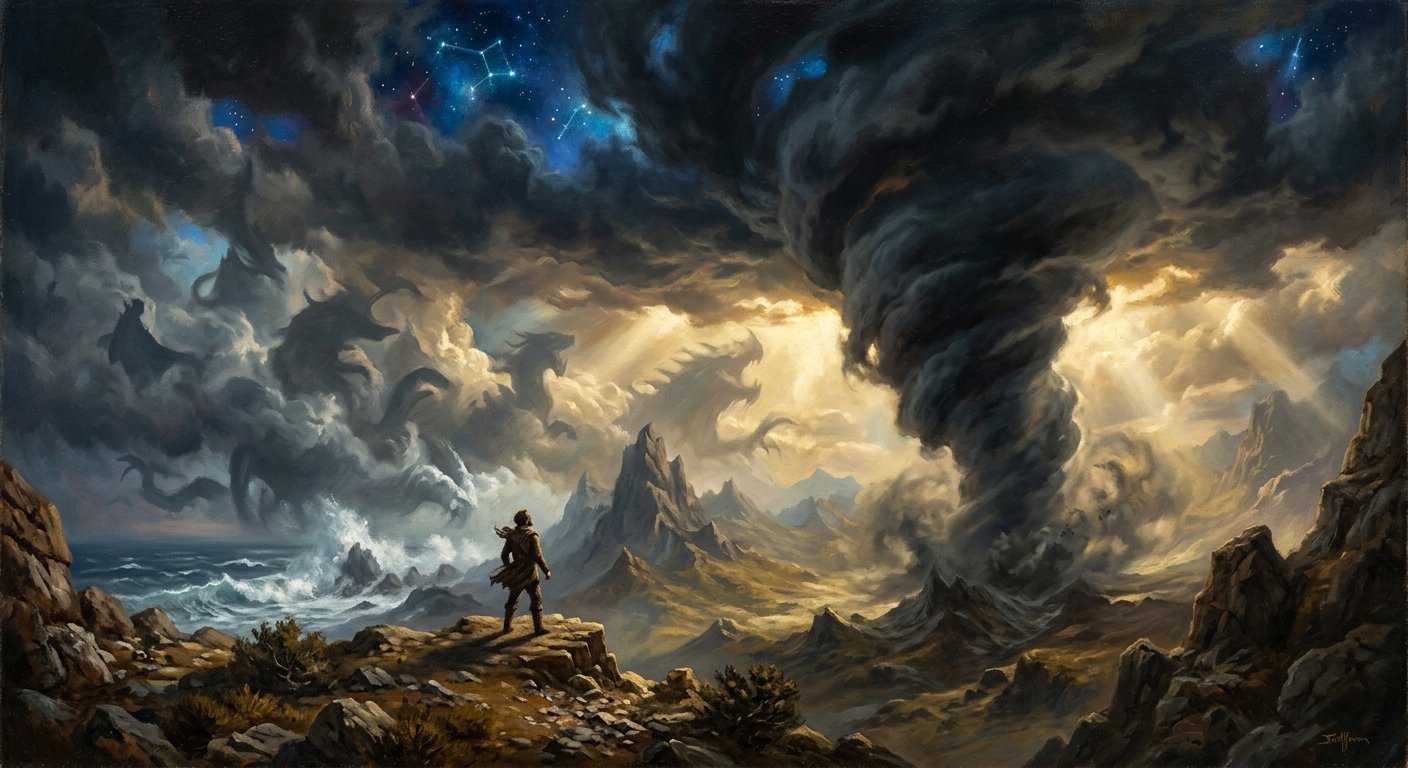 Pessoa num penhasco observa nuvens em forma de monstros e um tornado gigantesco sob um céu com constelações luminosas