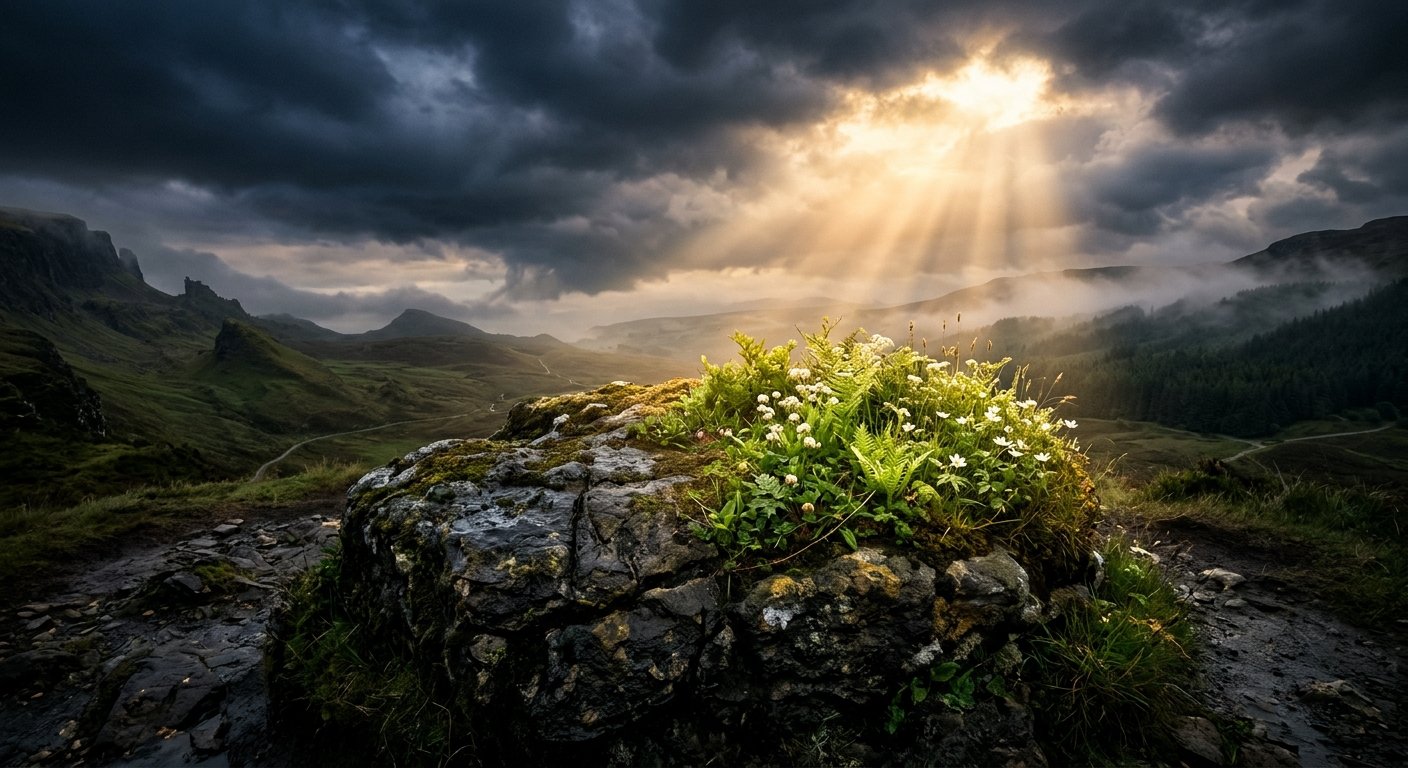 Raios de sol atravessam nuvens tempestuosas para iluminar flores brancas e fetos numa rocha, com montanhas ao fundo