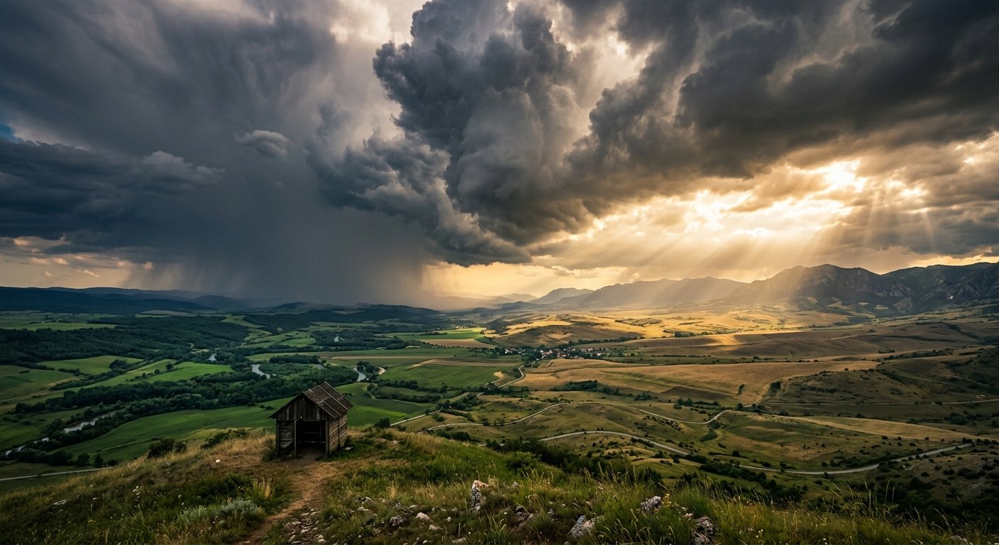 Tempestade com chuva intensa e raios de sol a romper as nuvens sobre um vale com uma cabana de madeira
